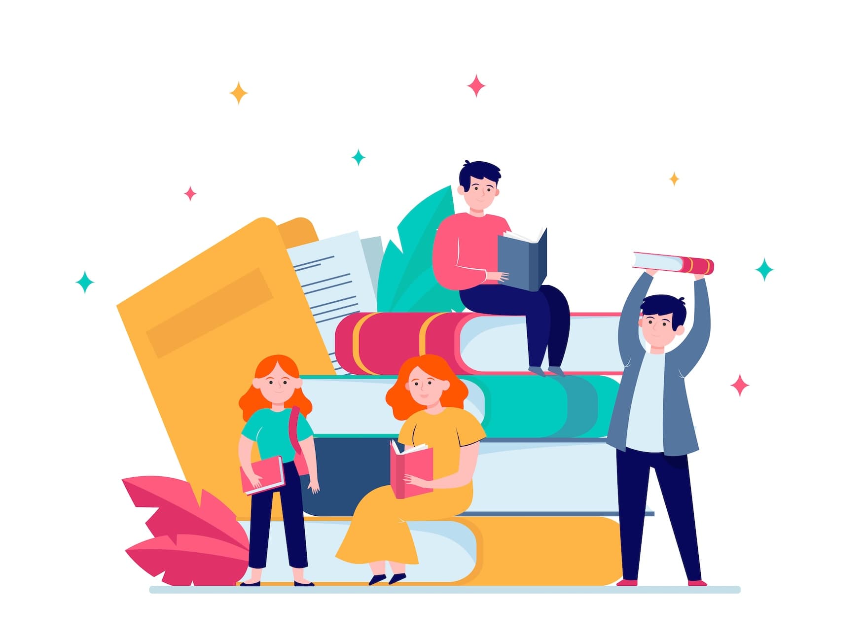 Illustration of a people sitting around books
